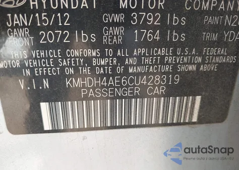 2012 Hyundai Elantra Limited (Ulsan Plant) из США, поврежденный, VIN KMHDH4AE6CU428319